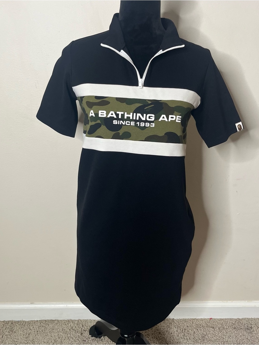 A Bathing Ape Bape Women’ Black & Camo Stripe Quarter Zip Knit Polo Dress Sz XS